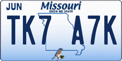 MO license plate TK7A7K