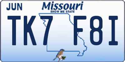 MO license plate TK7F8I