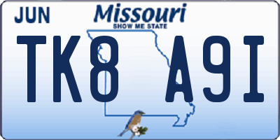MO license plate TK8A9I
