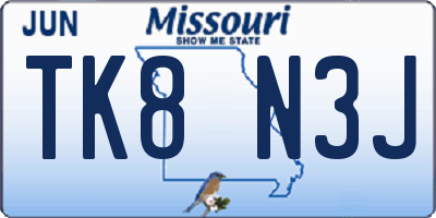 MO license plate TK8N3J