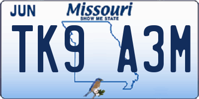 MO license plate TK9A3M