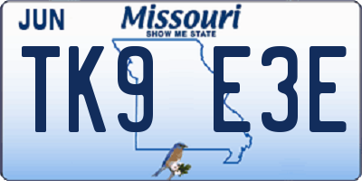 MO license plate TK9E3E
