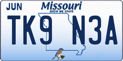 MO license plate TK9N3A