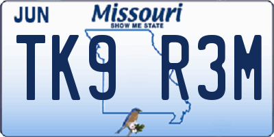 MO license plate TK9R3M