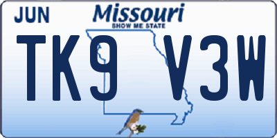 MO license plate TK9V3W