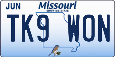MO license plate TK9W0N