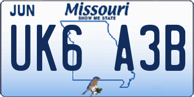 MO license plate UK6A3B