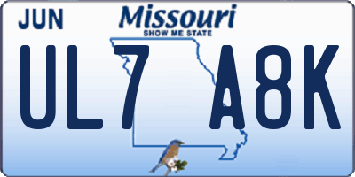 MO license plate UL7A8K