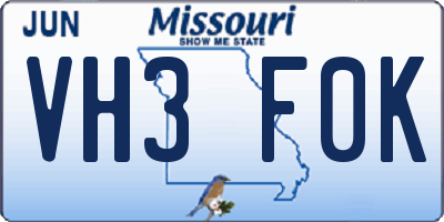 MO license plate VH3F0K