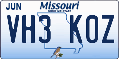 MO license plate VH3K0Z