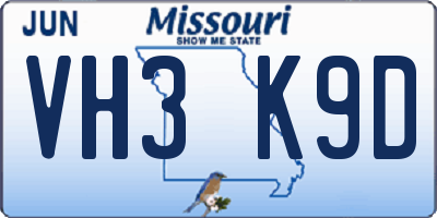 MO license plate VH3K9D