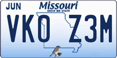 MO license plate VK0Z3M