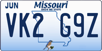 MO license plate VK2G9Z