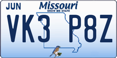 MO license plate VK3P8Z
