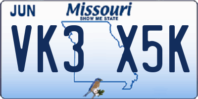 MO license plate VK3X5K