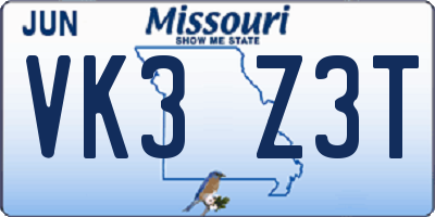 MO license plate VK3Z3T
