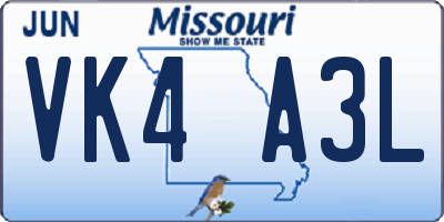 MO license plate VK4A3L
