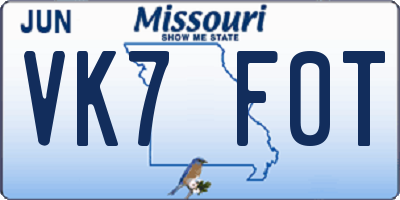 MO license plate VK7F0T