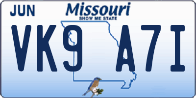 MO license plate VK9A7I