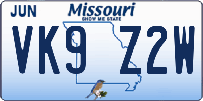 MO license plate VK9Z2W