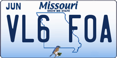 MO license plate VL6F0A