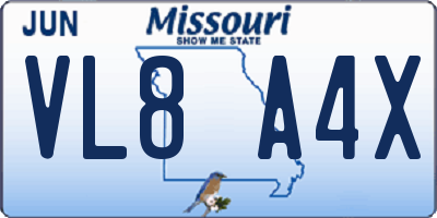 MO license plate VL8A4X