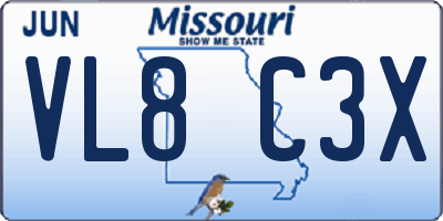 MO license plate VL8C3X