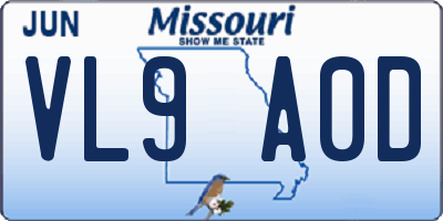 MO license plate VL9A0D