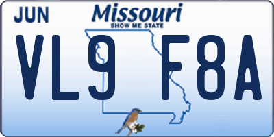 MO license plate VL9F8A