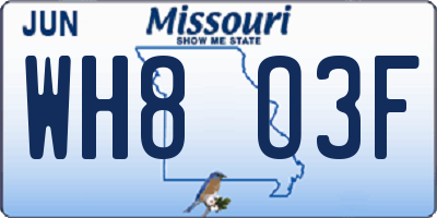 MO license plate WH8O3F