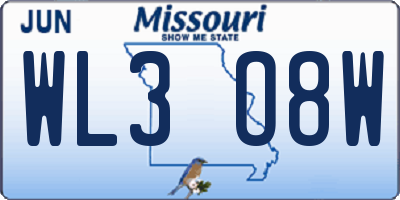 MO license plate WL3O8W