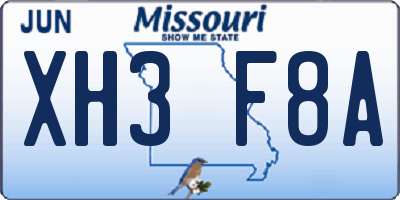MO license plate XH3F8A