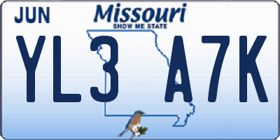 MO license plate YL3A7K