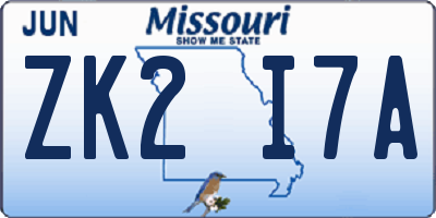 MO license plate ZK2I7A
