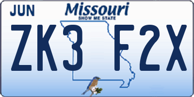 MO license plate ZK3F2X