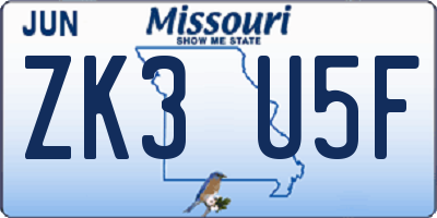 MO license plate ZK3U5F