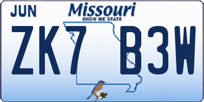 MO license plate ZK7B3W