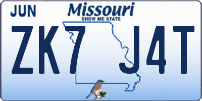 MO license plate ZK7J4T