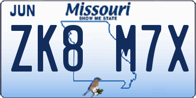 MO license plate ZK8M7X