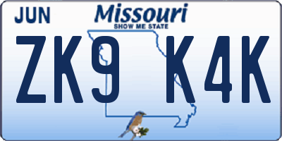 MO license plate ZK9K4K