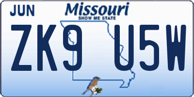 MO license plate ZK9U5W