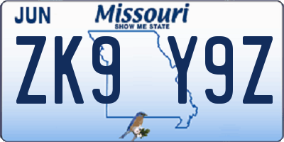 MO license plate ZK9Y9Z