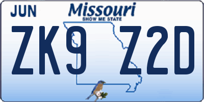 MO license plate ZK9Z2D