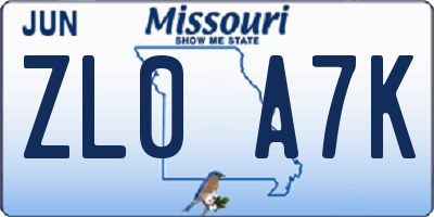 MO license plate ZL0A7K