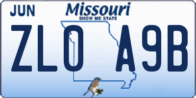 MO license plate ZL0A9B