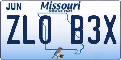 MO license plate ZL0B3X