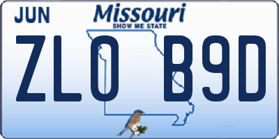 MO license plate ZL0B9D