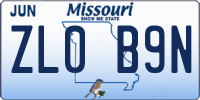 MO license plate ZL0B9N
