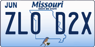 MO license plate ZL0D2X