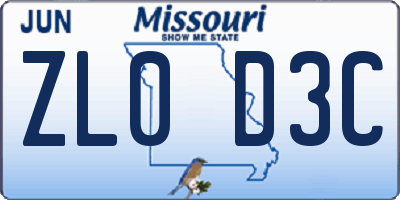 MO license plate ZL0D3C